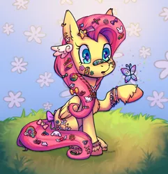 Size: 1194x1237 | Tagged: safe, artist:redapplesnap, derpibooru import, fluttershy, butterfly, insect, pegasus, pony, :o, amazed, bandaid, bow, bracelet, chest fluff, ear piercing, eye reflection, female, flower, folded wings, friendship bracelet, grass, hair accessory, hairpin, image, jewelry, looking at something, mare, open mouth, outdoors, piercing, png, raised hoof, reflection, sitting, solo, sticker, tail, tail accessory, tail bow, three quarter view, unshorn fetlocks, wings