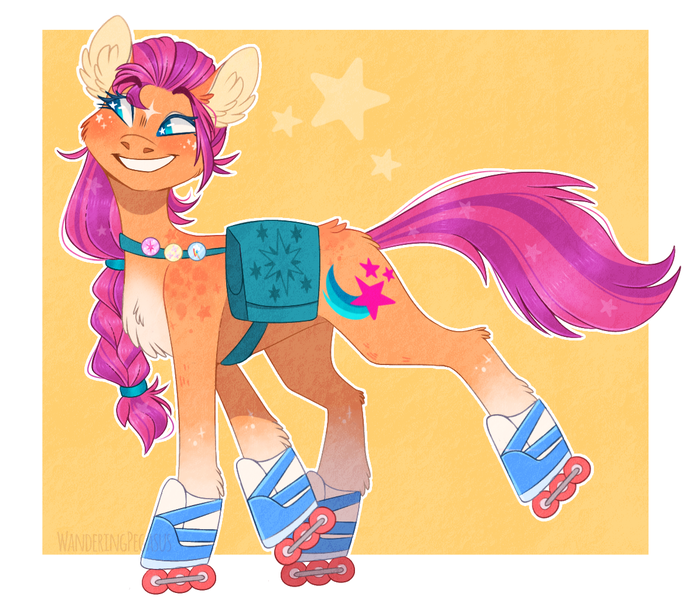 Size: 1183x1024 | Tagged: safe, artist:wanderingpegasus, derpibooru import, sunny starscout, earth pony, pony, my little pony: a new generation, spoiler:my little pony: a new generation, bag, blushing, chest fluff, cute, female, g5, grin, image, mare, markings, png, raised hoof, raised leg, roller skates, smiling, solo, sunnybetes