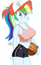 Size: 1075x1671 | Tagged: safe, artist:flutteryaylove, derpibooru import, rainbow dash, human, equestria girls, anti-heroine, ball, basketball, big breasts, blushing, breasts, busty rainbow dash, cap, close-up, clothes, embarrassed, exposed belly, female, gym shorts, hat, holding object, image, logo on bottomwear, logo on headwear, metahuman, multicolored hair, pink topwear, png, ponytail, rainbow hair, shorts, side view, signature, simple background, snapback, solo, solo female, sports, standing, striped bottomwear, tanktop, tomboy, two toned bottomwear, two toned headwear, visor cap, white background, wristband