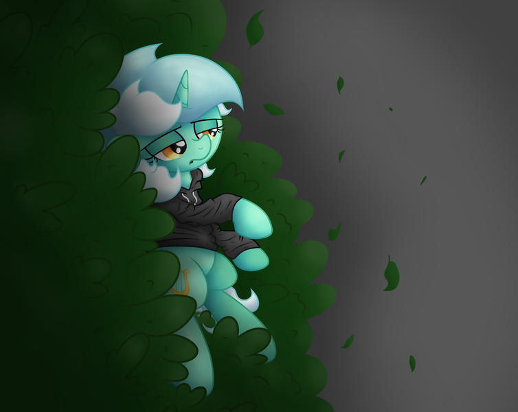 Size: 3793x3019 | Tagged: safe, artist:background basset, derpibooru import, lyra heartstrings, pony, unicorn, bush, clothes, depressed, dig the swell hoodie, gray background, hoodie, image, png, simple background, solo