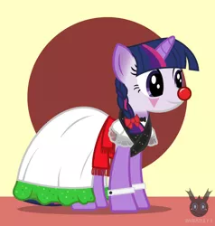 Size: 838x882 | Tagged: safe, artist:wheatley r.h., derpibooru import, oc, oc:twi clown, unofficial characters only, pony, unicorn, bow, bowtie, clothes, clown, cuffs, derpibooru exclusive, female, happy, image, jpeg, mare, mexican, mexico, regional suit, simple background, solo, spanish description, vector, watermark