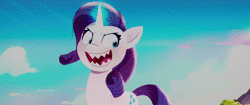 Size: 1920x804 | Tagged: safe, derpibooru import, edit, edited screencap, editor:roseluck, screencap, rarity, sprout cloverleaf, pony, unicorn, my little pony: a new generation, spoiler:g5, spoiler:my little pony: a new generation, animated, bad end, cloud, cloudy, day, evil, evil grin, evil rarity, female, g4, g5, glow, glowing horn, grin, horn, image, magic, magic aura, mare, open mouth, open smile, outdoors, raised eyebrow, rarisnap, red eyes, red pupils, sharp teeth, shrunken pupils, slowed down, smiling, solo, sound, teeth, webm