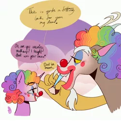 Size: 4096x4096 | Tagged: safe, artist:yesterdaysbites, derpibooru import, discord, twilight sparkle, alicorn, draconequus, antlers, brush, cloud, clown, clown makeup, clown nose, discolight, duo, duo focus, fangs, female, image, jpeg, looking at each other, makeup, male, multicolored hair, music in description, rainbow hair, raised eyebrow, shipping, speech bubble, straight, talking, text, upper body