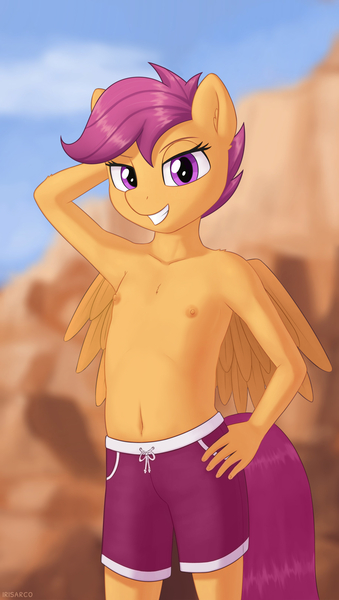 Size: 1794x3178 | Tagged: questionable, artist:irisarco, banned from derpibooru, edit, ponybooru import, scootaloo, anthro, pegasus, arm behind head, belly button, blurry background, breasts, chest fluff, clothes, cloud, day, delicious flat chest, ear fluff, ears, exhibitionism, female, grin, hand on hip, image, jpeg, lidded eyes, lolicon, looking at you, male swimwear challenge, mountain, nipples, nudity, outdoors, partial nudity, rock, shorts, sky, small breasts, smiling, smiling at you, solo, solo female, standing, topless, underage, watermark, wings, young