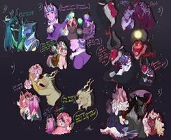 Size: 4500x3692 | Tagged: safe, artist:bunnari, derpibooru import, discord, king sombra, lord tirek, queen chrysalis, starlight glimmer, oc, oc:carbonado, oc:velour, changeling, changeling queen, draconequus, hybrid, pony, unicorn, alternate universe, bad end, bad parenting, black background, child, female, filly, image, parent and child, png, simple background, story included, text, villainous