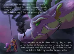 Size: 3300x2400 | Tagged: source needed, safe, artist:xekinise, edit, spike, sunny starscout, dragon, earth pony, pony, my little pony: a new generation, adult, adult spike, dialogue, fangs, g5, image, jpeg, older, older spike, torn ear