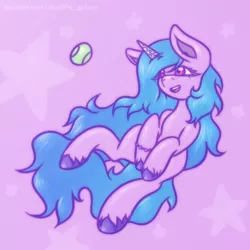 Size: 1500x1500 | Tagged: safe, artist:shad0w-galaxy, derpibooru import, izzy moonbow, pony, unicorn, my little pony: a new generation, spoiler:my little pony: a new generation, ball, female, g5, hooves, horn, image, izzy's tennis ball, long mane, mare, open mouth, png, simple background, smiling, solo, tennis ball