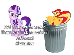 Size: 789x588 | Tagged: safe, derpibooru import, starlight glimmer, sunset shimmer, pony, unicorn, abuse, duo, duo female, female, image, irl, op is a duck, photo, png, simple background, starlight glimmer is best pony, sunset shimmer's trash can, text, trash can, white background