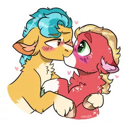 Size: 1581x1530 | Tagged: safe, artist:moccabliss, derpibooru import, hitch trailblazer, sprout cloverleaf, pony, my little pony: a new generation, spoiler:my little pony: a new generation, blushing, g5, gay, hitchsprout, image, kissing, male, png, shipping, simple background, white background