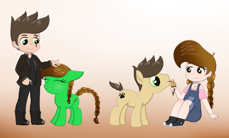Size: 2817x1707 | Tagged: safe, artist:dyonys, derpibooru import, oc, oc:lucky brush, oc:night chaser, unofficial characters only, human, pony, chibi, clothes, cute, female, food, ice cream, image, male, mare, mlem, petting, png, silly, stallion, tongue out