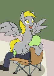 Size: 1000x1414 | Tagged: safe, artist:happy harvey, derpibooru import, derpy hooves, oc, oc:anon, human, pegasus, pony, chest fluff, drawn on phone, female, fluffocation, folding chair, happy, holding, holding a pony, image, male, open mouth, png, ponified animal photo, sitting, sitting on person, smiling, spread wings, wings