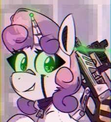 Size: 500x550 | Tagged: safe, artist:provolonepone, derpibooru import, sweetie belle, pony, robot, robot pony, unicorn, chromatic aberration, female, filly, green eyes, gun, image, laser, looking at you, png, solo, sweetie bot, weapon