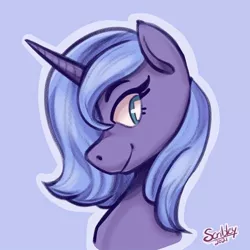 Size: 750x750 | Tagged: safe, artist:scribleydoodles, derpibooru import, princess luna, alicorn, pony, blue background, cute, female, image, jpeg, lunabetes, mare, s1 luna, simple background, solo