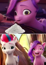 Size: 1136x1584 | Tagged: safe, derpibooru import, edit, edited screencap, screencap, pipp petals, zipp storm, my little pony: a new generation, spoiler:my little pony: a new generation, cocaine, derp, drug use, drugs, g5, great moments in animation, image, jpeg, solo