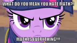 Size: 1066x600 | Tagged: safe, derpibooru import, edit, edited screencap, editor:twi clown, screencap, twilight sparkle, twilight sparkle (alicorn), alicorn, pony, season 4, three's a crowd, angry, caption, close-up, discord's pendant, female, image, image macro, jewelry, mare, math, necklace, png, serious, serious face, text, twilight is not amused, unamused