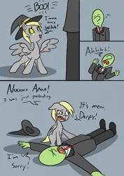 Size: 1000x1414 | Tagged: safe, artist:happy harvey, derpibooru import, derpy hooves, oc, oc:anon, human, pegasus, pony, apology, clothes, colored pupils, comic, dialogue, drawn on phone, female, grey fur, hat, image, looking up, lying down, male, mare, on back, open mouth, playing dead, png, scaring, scary, shaking, smiling, spread wings, standing, suit, teary eyes, tongue out, wings, witch, witch hat, yellow eyes