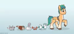 Size: 1280x593 | Tagged: safe, artist:redpalette, derpibooru import, hitch trailblazer, armadillo, bird, crab, mouse, pony, rabbit, rat, seagull, my little pony: a new generation, animal, chest fluff, critter magnet, critters, cute, follow, g5, hitchbetes, image, jpeg, male, parade, sheriff, stallion, trotting, unshorn fetlocks