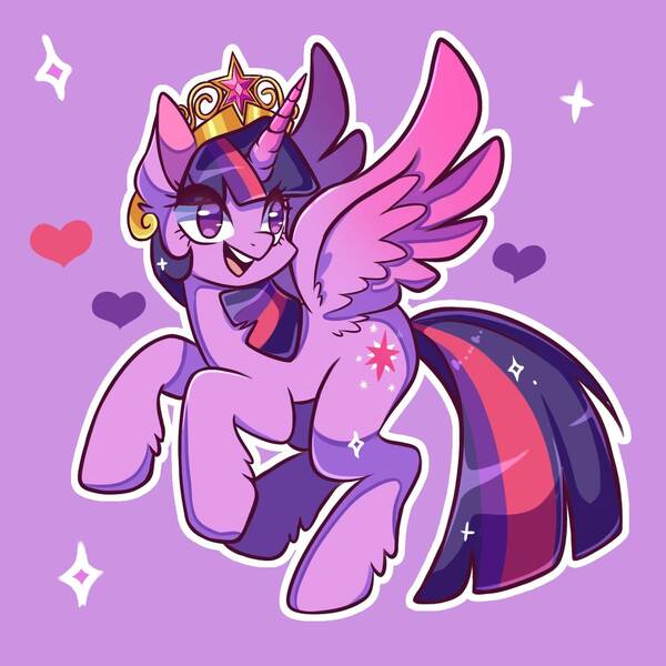 Size: 1500x1500 | Tagged: safe, artist:artkett1412, derpibooru import, twilight sparkle, twilight sparkle (alicorn), alicorn, pony, big crown thingy, colored wings, colored wingtips, element of magic, female, flying, heart, image, jewelry, jpeg, mare, purple background, regalia, simple background, smiling, solo, sparkles, spread wings, wings