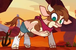 Size: 1025x677 | Tagged: safe, artist:anonymous, derpibooru import, cow, them's fightin' herds, arizona (tfh), bandana, community related, image, png, transformation