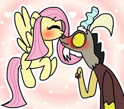 Size: 1080x950 | Tagged: safe, artist:laurel_egg, derpibooru import, discord, fluttershy, draconequus, pegasus, antlers, big eyes, blushing, blushing profusely, discoshy, eyes closed, female, heart, image, interspecies, jpeg, kissing, male, nose kiss, pink background, shipping, simple background, straight, white outline