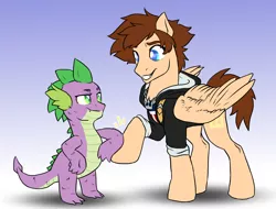 Size: 2424x1839 | Tagged: safe, artist:not-ordinary-pony, derpibooru import, spike, ponified, pony, fanfic:kingdom hearts of harmony, clothes, commission, fanfic art, hoofbump, image, kingdom hearts, kingdom hearts of harmony, png, simple background, sora
