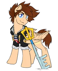 Size: 1542x1893 | Tagged: safe, artist:not-ordinary-pony, derpibooru import, ponified, pony, fanfic:kingdom hearts of harmony, clothes, commission, image, keyblade, kingdom hearts, kingdom hearts of harmony, png, simple background, sora