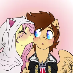 Size: 2000x2000 | Tagged: safe, artist:not-ordinary-pony, derpibooru import, fluttershy, ponified, pony, fanfic:kingdom hearts of harmony, blushing, clothes, commission, image, kingdom hearts of harmony, kiss on the cheek, kissing, png, shipping, simple background, sora