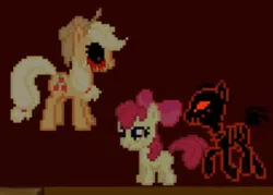 Size: 459x329 | Tagged: grimdark, artist:hedgehogself, derpibooru import, apple bloom, applejack, earth pony, pony, undead, zombie, zombie pony, blood, creepypasta, game, image, jpeg, pixel art, possessed, running, the spell, zalgo, zalgo jack