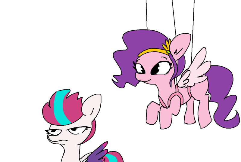 Size: 1172x789 | Tagged: safe, artist:tjpones, derpibooru import, pipp petals, zipp storm, pegasus, pony, g5, duo, female, hanging, harness, image, mare, png, siblings, simple background, sisters, tack, unamused, white background, zipp is not amused