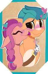 Size: 1316x2032 | Tagged: safe, artist:fluffdragonart, derpibooru import, hitch trailblazer, sunny starscout, earth pony, pony, my little pony: a new generation, spoiler:my little pony: a new generation, face licking, female, g5, image, jpeg, licking, male, shipping, straight, sunnyhitch, tongue out