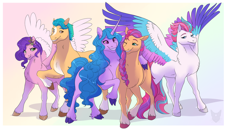 Size: 1800x1024 | Tagged: safe, artist:arexstar, derpibooru import, hitch trailblazer, izzy moonbow, pipp petals, sunny starscout, zipp storm, pony, colored wings, g5, image, mane five (g5), multicolored wings, png, wings