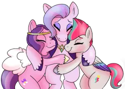 Size: 507x360 | Tagged: safe, artist:therainbowtroll, derpibooru import, pipp petals, queen haven, zipp storm, pegasus, pony, my little pony: a new generation, spoiler:my little pony: a new generation, cute, drawthread, eyes closed, family, female, g5, group hug, hug, image, png, requested art, siblings, simple background, sisters, transparent background