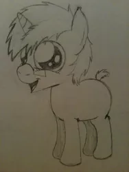 Size: 1536x2048 | Tagged: safe, artist:zombietator, derpibooru import, oc, oc:wolfie, unofficial characters only, pony, unicorn, colt, glasses, horn, image, jpeg, lineart, male, smiling, solo, traditional art, unicorn oc