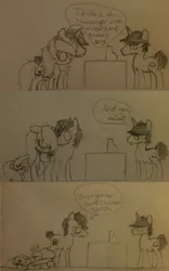Size: 505x807 | Tagged: safe, artist:zombietator, derpibooru import, oc, oc:claire, unofficial characters only, pegasus, pony, unicorn, comic, dialogue, female, horn, image, jpeg, lineart, mare, pegasus oc, traditional art, unicorn oc, wings