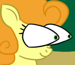 Size: 240x210 | Tagged: safe, carrot top, golden harvest, earth pony, pony, booba, eye bulging, female, image, mare, meme, png, reaction image, smiling, solo
