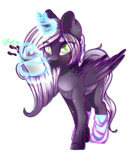 Size: 2271x2641 | Tagged: safe, artist:fantisai, derpibooru import, oc, unofficial characters only, alicorn, pony, alicorn oc, clothes, eye clipping through hair, eyelashes, female, glow, glowing horn, horn, image, magic, mare, mug, png, simple background, smiling, socks, solo, telekinesis, transparent background, wings