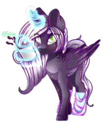 Size: 2271x2641 | Tagged: safe, artist:fantisai, derpibooru import, oc, unofficial characters only, alicorn, pony, alicorn oc, clothes, eye clipping through hair, eyelashes, female, glow, glowing horn, horn, image, magic, mare, mug, png, simple background, smiling, socks, solo, telekinesis, transparent background, wings
