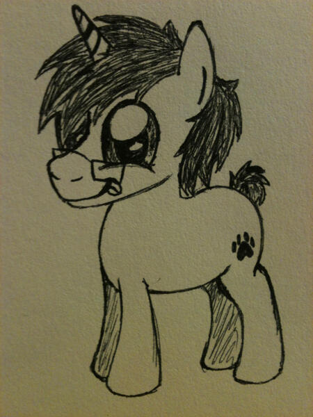 Size: 1536x2048 | Tagged: safe, artist:zombietator, derpibooru import, oc, oc:wolfie, unofficial characters only, pony, unicorn, :p, colt, glasses, horn, image, jpeg, lineart, male, tongue out, traditional art, unicorn oc