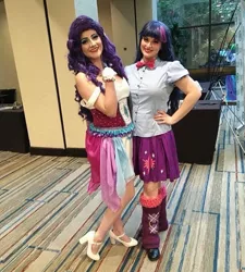 Size: 800x890 | Tagged: safe, artist:sarahndipity cosplay, artist:shelbeanie, derpibooru import, rarity, twilight sparkle, human, equestria girls, clothes, cosplay, costume, everfree northwest, everfree northwest 2018, hand on hip, high heels, image, irl, irl human, jpeg, photo, shoes