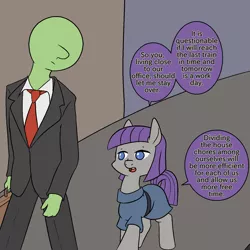 Size: 1500x1500 | Tagged: safe, artist:happy harvey, derpibooru import, maud pie, oc, oc:anon, earth pony, human, pony, briefcase, clothes, dialogue, drawn on phone, female, image, looking down, male, mare, png, propositioning, suit, walking