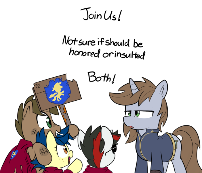 Size: 1200x1026 | Tagged: safe, artist:icey, derpibooru import, oc, oc:daydream, oc:littlepip, oc:quick fix, unofficial characters only, pony, unicorn, fallout equestria, colt, cutie mark crusaders, dialogue, female, filly, image, male, mare, png, simple background, size difference, transparent background, yearling