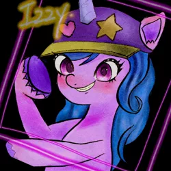 Size: 1280x1280 | Tagged: safe, alternate version, artist:h2o_omz, derpibooru import, izzy moonbow, pony, unicorn, my little pony: a new generation, spoiler:my little pony: a new generation, cap, g5, glasses off, gritted teeth, hat, image, jpeg, rapper, solo