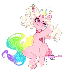 Size: 819x924 | Tagged: safe, artist:shady-bush, derpibooru import, oc, oc:funfetti, pony, unicorn, brush, colored horn, colored wings, female, hairbrush, horn, image, mare, multicolored wings, png, simple background, solo, transparent background, wings