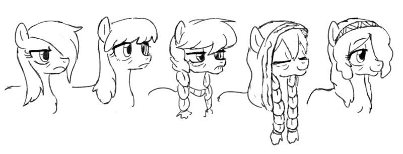 Size: 1700x650 | Tagged: safe, artist:kabayo, derpibooru import, oc, oc:baba hooves, oc:true north, unofficial characters only, pony, taiga pony, braid, bust, clothes, elderly, eyes closed, female, frown, grayscale, hair over one eye, hood, image, mare, monochrome, png, simple background, smiling, white background