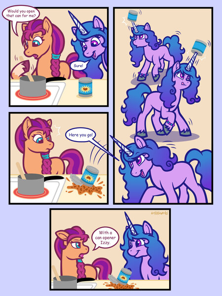 Size: 2700x3600 | Tagged: safe, artist:artisticwerks, derpibooru import, manebooru import, izzy moonbow, sunny starscout, earth pony, pony, unicorn, g5, bean, beans, can, comic, cooking, dialogue, duo, food, gradient hair, image, jpeg, multicolored hair, pot, speech bubble, stove, text