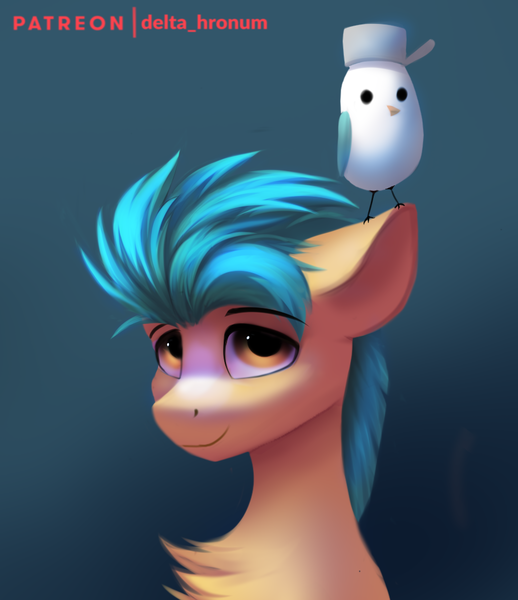 Size: 908x1052 | Tagged: safe, artist:delta hronum, derpibooru import, hitch trailblazer, bird, earth pony, pony, brown eyes, bust, chest fluff, eyebrows, eyebrows visible through hair, floppy ears, g5, gradient background, image, male, png, smiling, solo, stallion