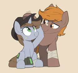 Size: 2128x1998 | Tagged: safe, artist:shinodage, oc, oc:calamity, oc:littlepip, unofficial characters only, pegasus, pony, unicorn, fallout equestria, bandage, cowboy hat, cute, female, hat, image, male, mare, pipboy, png, stallion