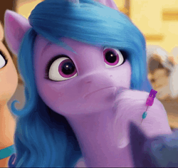 Size: 640x605 | Tagged: safe, derpibooru import, screencap, izzy moonbow, sunny starscout, pony, unicorn, my little pony: a new generation, spoiler:g5, spoiler:my little pony: a new generation, animated, blue mane, blurry background, bracelet, cropped, eyebrows, female, g5, gif, horn, image, jewelry, mare, nodding, offscreen character, purple eyes, solo focus, unshorn fetlocks
