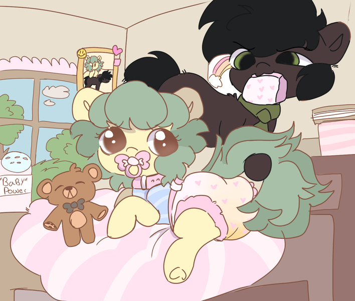 Size: 1398x1185 | Tagged: suggestive, artist:mushy, derpibooru import, oc, oc:pea, pony, abdl, ddlg, diaper, diaper change, diaper fetish, female, fetish, foalcon, image, mare, pacifier, png, underage, urine, watersports