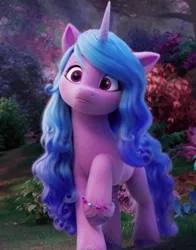 Size: 630x804 | Tagged: safe, derpibooru import, screencap, izzy moonbow, pony, unicorn, my little pony: a new generation, spoiler:g5, spoiler:my little pony: a new generation, blue mane, blue tail, bracelet, confused, cropped, female, g5, horn, image, jewelry, long mane, mare, outdoors, png, raised hoof, solo, tail, unshorn fetlocks